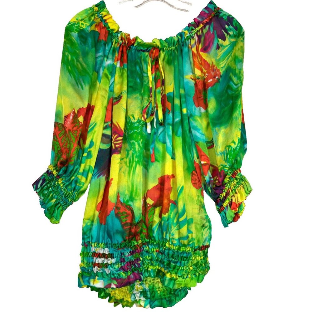 12 Ralph Lauren Black Label Tropical Silk Scarf Print Peasant Boho Style Blouse